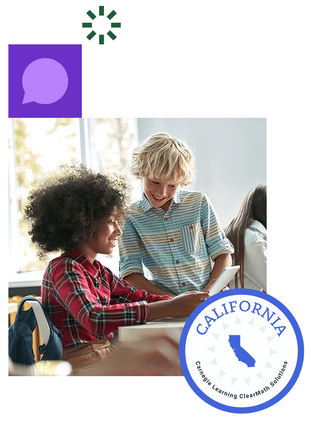 Students shown working together on a tablet; California math badge graphic reads "Carnegie Learning ClearMath Solutions"