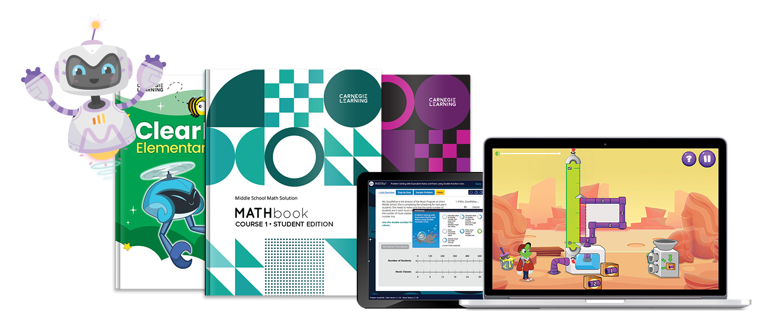 A spread of elementary, middle, and high school math books with a laptop that shows the elementary game MATHia Adventure and the secondary math program MATHia.