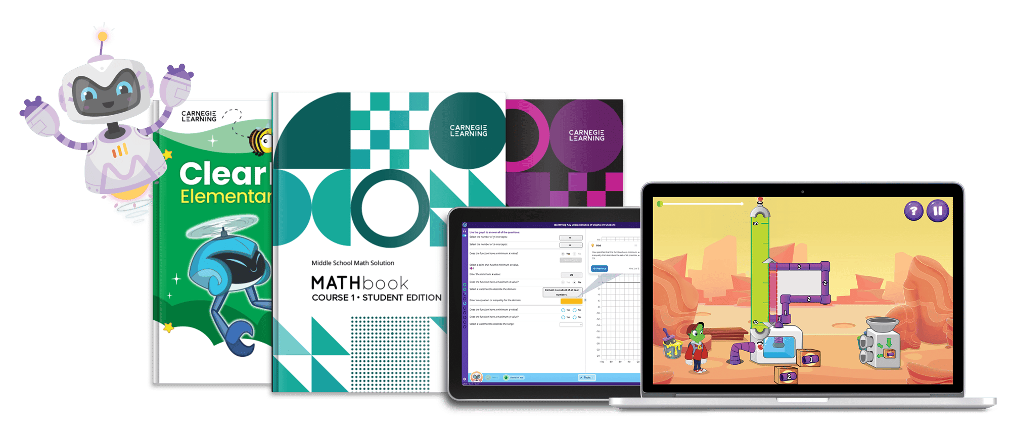 A spread of elementary, middle, and high school math books with a laptop that shows the elementary game MATHia Adventure and the secondary math program MATHia. A spread of elementary, middle, and high school math books with a laptop that shows the elementary game MATHia Adventure and the secondary math program MATHia.