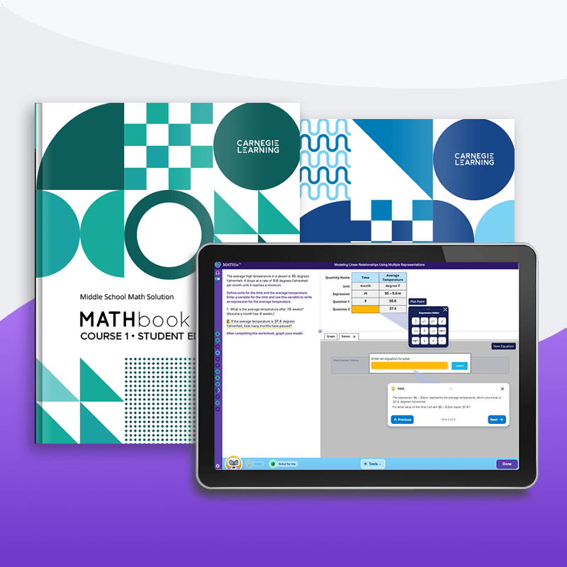 Middle school blended solution showing textbooks and MATHia software Middle school blended solution showing textbooks and MATHia software