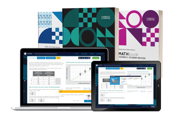 A spread of middle and high school math books, as well as a laptop and iPad screen that shows the math coaching program MATHia.