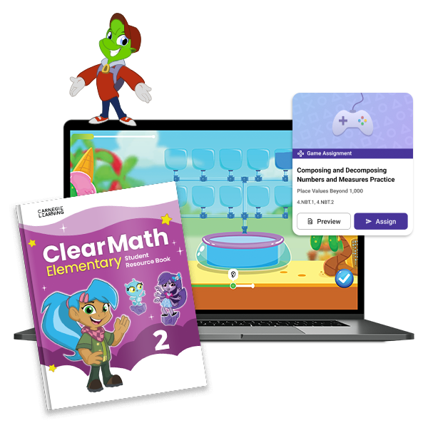A green character name Zorbit is showing a computer screen that shows the game MATHia Adventure, as well as a second grade ClearMath Elementary book.