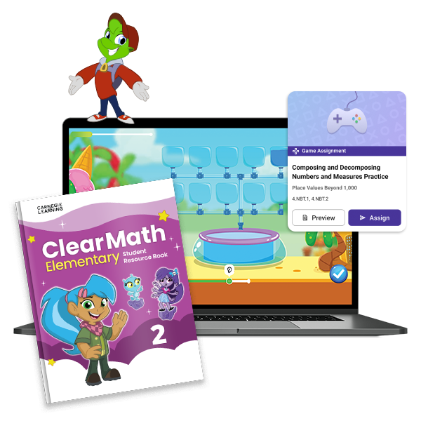 A green character name Zorbit is showing a computer screen that shows the game MATHia Adventure, as well as a second grade ClearMath Elementary book.