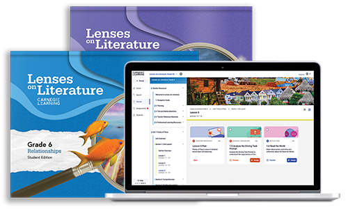 Product image of the Lenses on Literature solution, showing two textbooks and a laptop